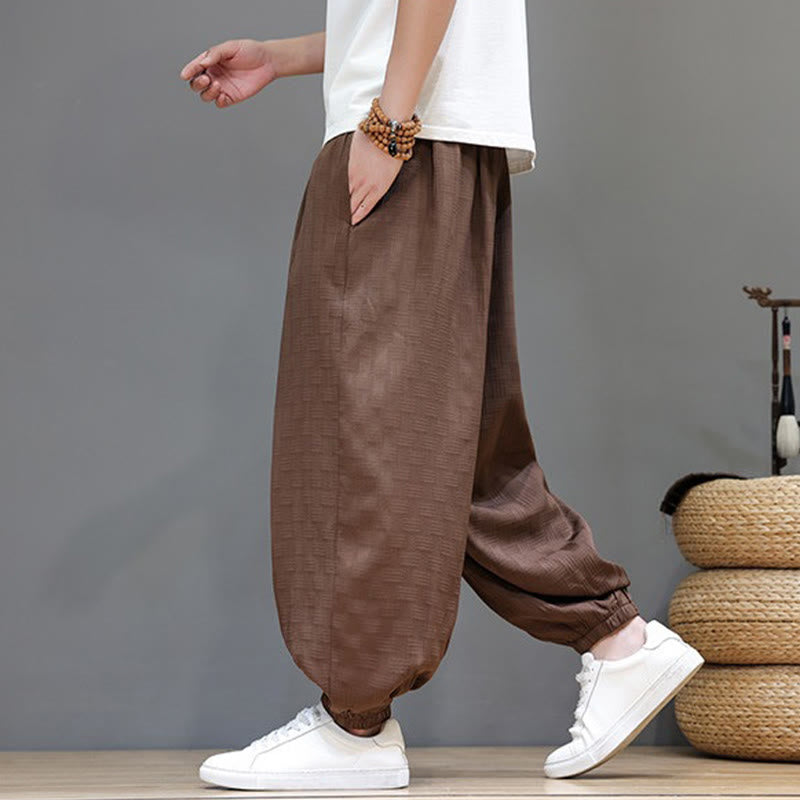 Nimara Ritual Summer Casual Drawstring Solid Woven Rattan Texture Pattern Ankle Pants Men's Harem Pants With Pocket