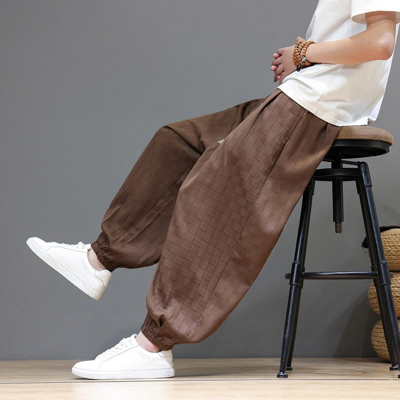 Nimara Ritual Summer Casual Drawstring Solid Woven Rattan Texture Pattern Ankle Pants Men's Harem Pants With Pocket