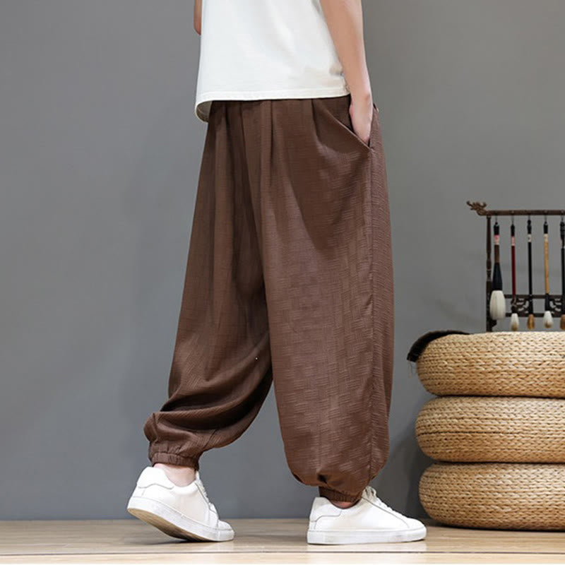 Nimara Ritual Summer Casual Drawstring Solid Woven Rattan Texture Pattern Ankle Pants Men's Harem Pants With Pocket