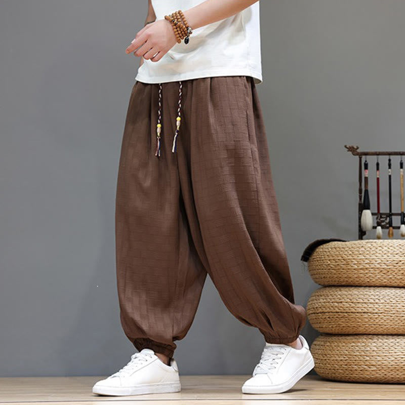Nimara Ritual Summer Casual Drawstring Solid Woven Rattan Texture Pattern Ankle Pants Men's Harem Pants With Pocket