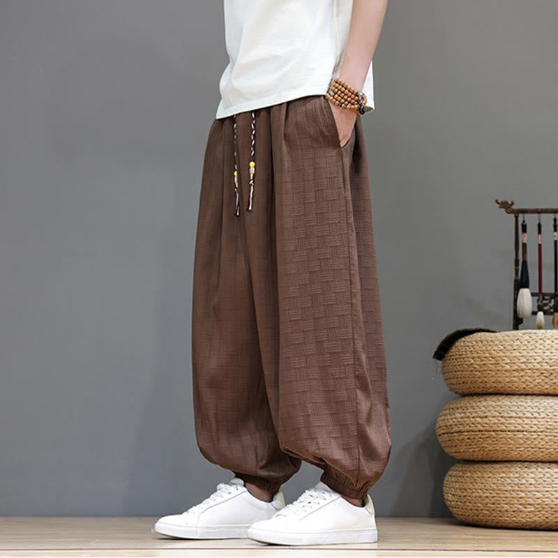 Nimara Ritual Summer Casual Drawstring Solid Woven Rattan Texture Pattern Ankle Pants Men's Harem Pants With Pocket