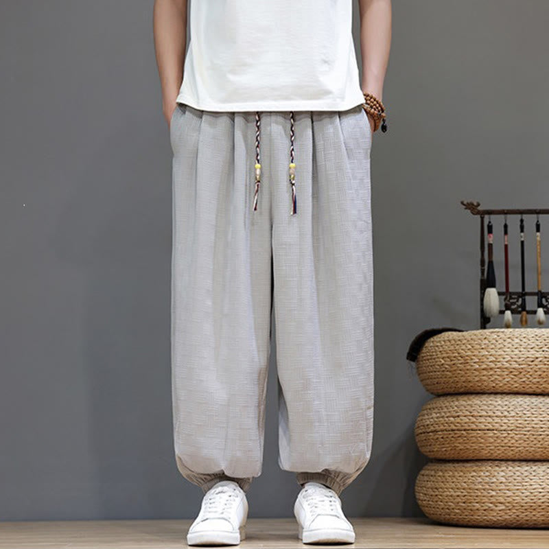 Nimara Ritual Summer Casual Drawstring Solid Woven Rattan Texture Pattern Ankle Pants Men's Harem Pants With Pocket