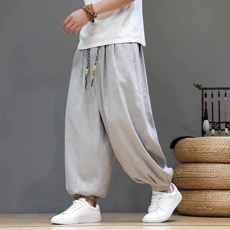 Nimara Ritual Summer Casual Drawstring Solid Woven Rattan Texture Pattern Ankle Pants Men's Harem Pants With Pocket