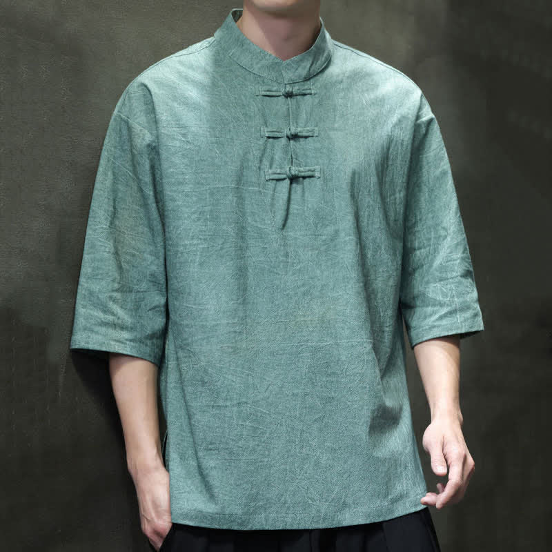 Nimara Ritual Summer Tang Style Three Frog Buttons Solid Men's Short Sleeve Shirts