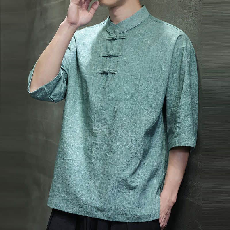 Nimara Ritual Summer Tang Style Three Frog Buttons Solid Men's Short Sleeve Shirts