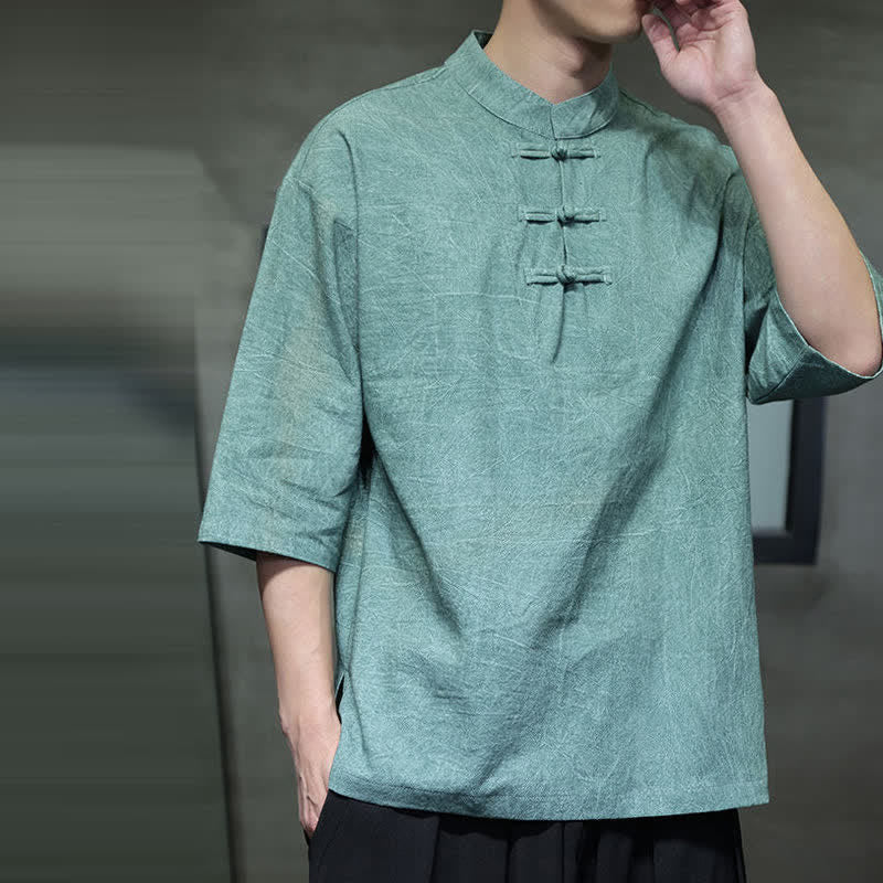 Nimara Ritual Summer Tang Style Three Frog Buttons Solid Men's Short Sleeve Shirts