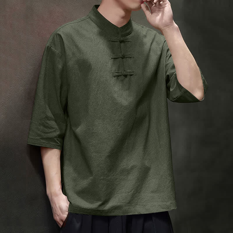 Nimara Ritual Summer Tang Style Three Frog Buttons Solid Men's Short Sleeve Shirts