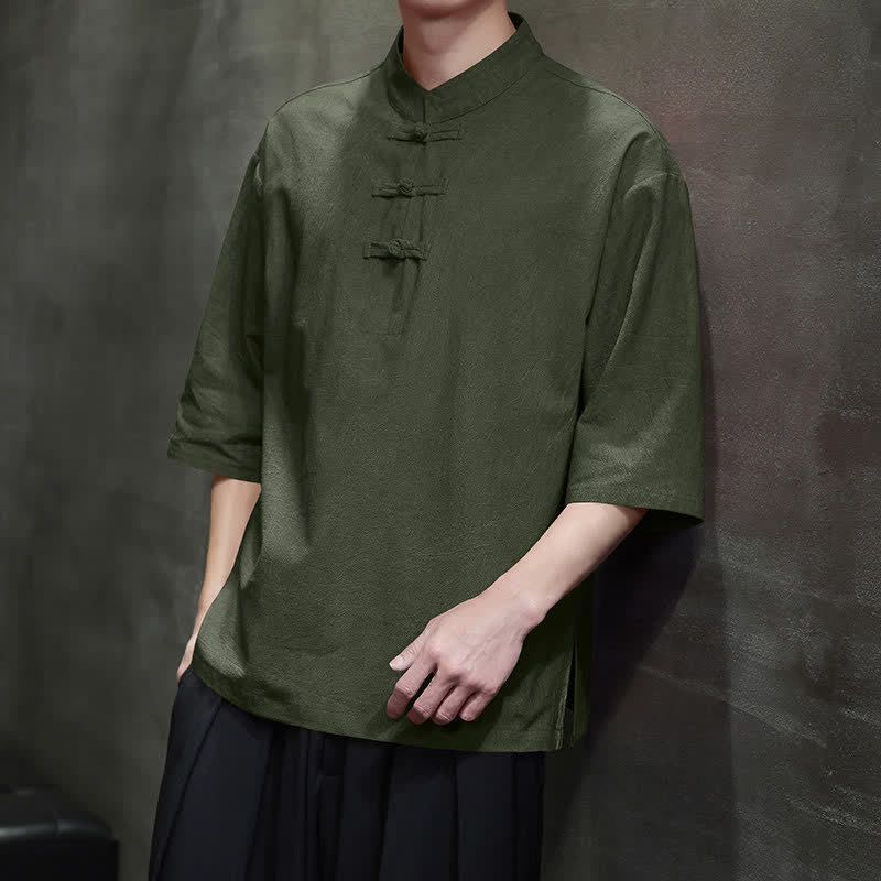 Nimara Ritual Summer Tang Style Three Frog Buttons Solid Men's Short Sleeve Shirts