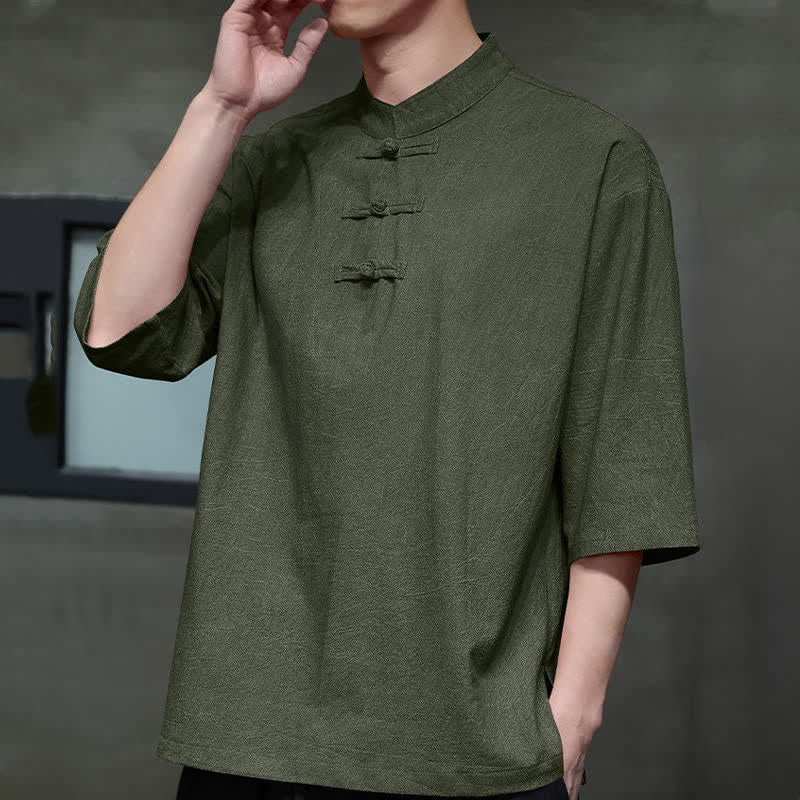 Nimara Ritual Summer Tang Style Three Frog Buttons Solid Men's Short Sleeve Shirts