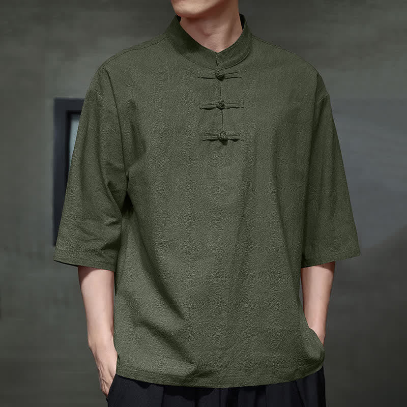 Nimara Ritual Summer Tang Style Three Frog Buttons Solid Men's Short Sleeve Shirts