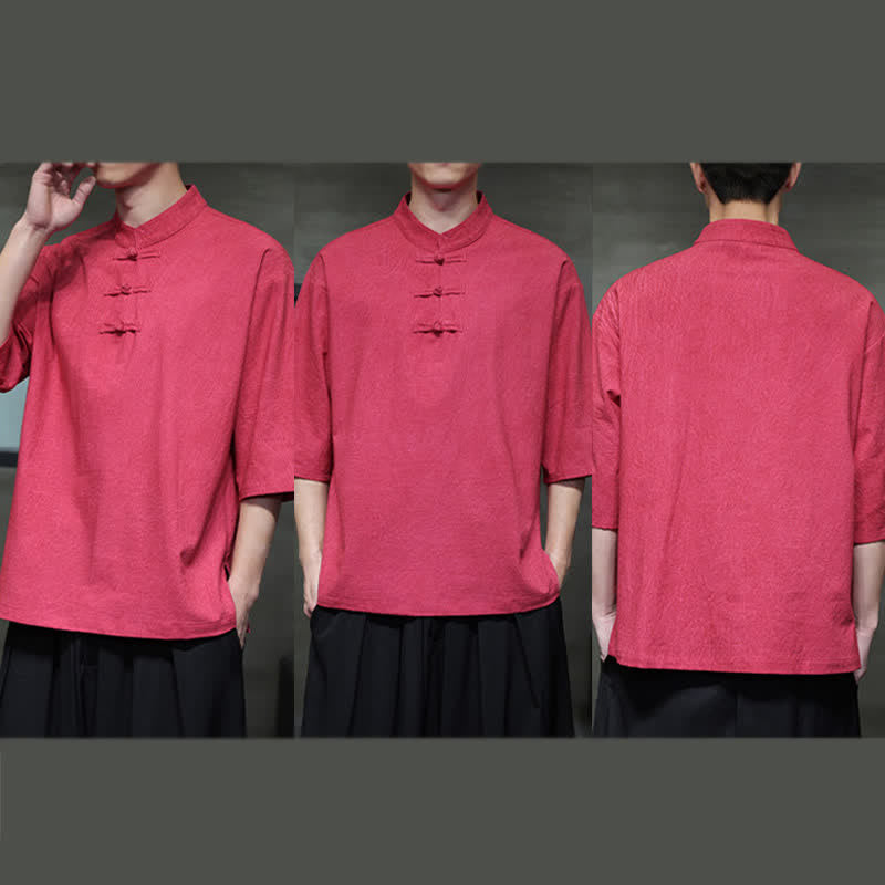 Nimara Ritual Summer Tang Style Three Frog Buttons Solid Men's Short Sleeve Shirts