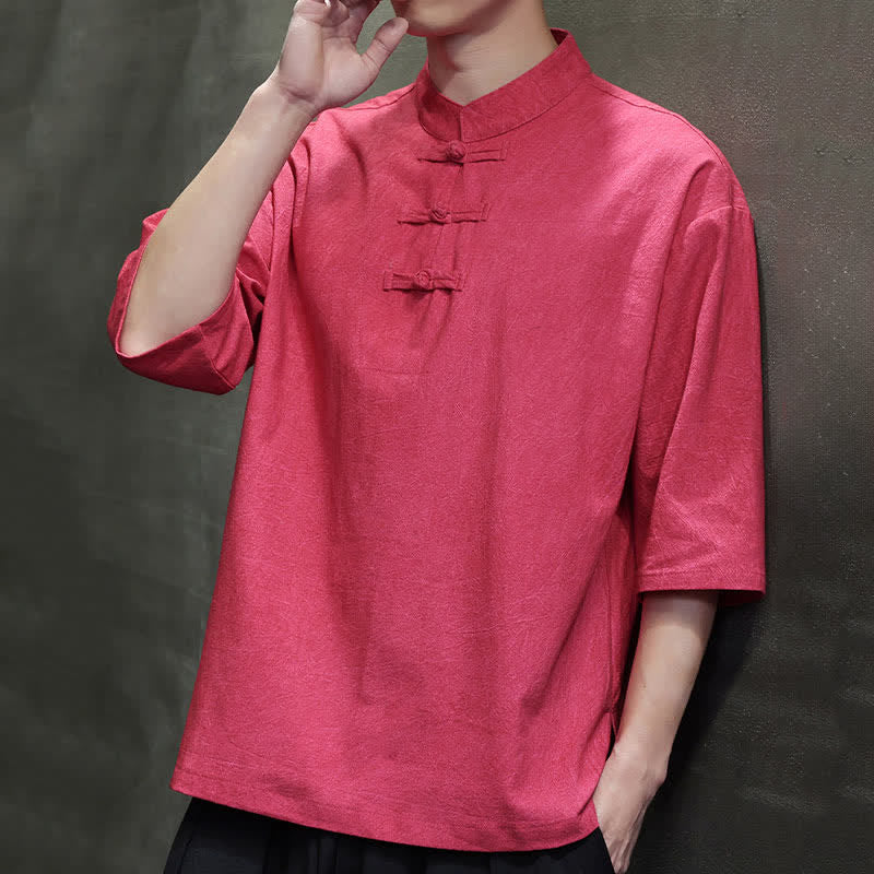 Nimara Ritual Summer Tang Style Three Frog Buttons Solid Men's Short Sleeve Shirts