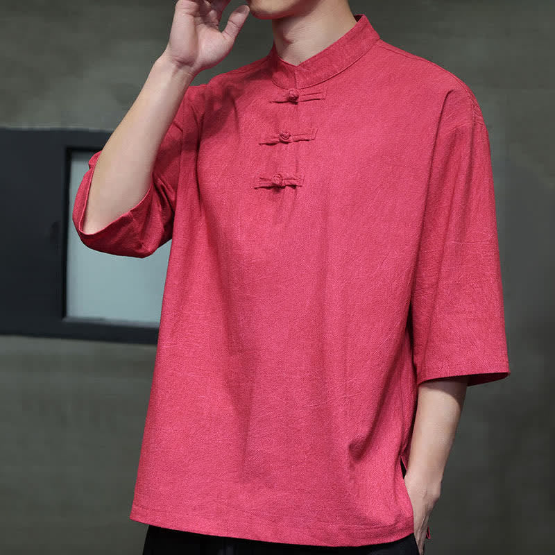 Nimara Ritual Summer Tang Style Three Frog Buttons Solid Men's Short Sleeve Shirts