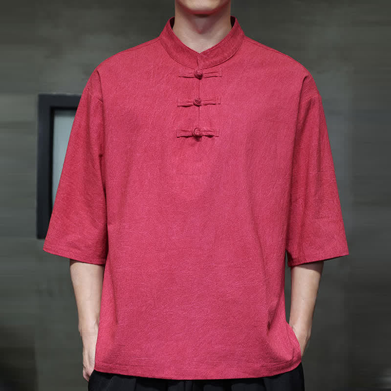 Nimara Ritual Summer Tang Style Three Frog Buttons Solid Men's Short Sleeve Shirts