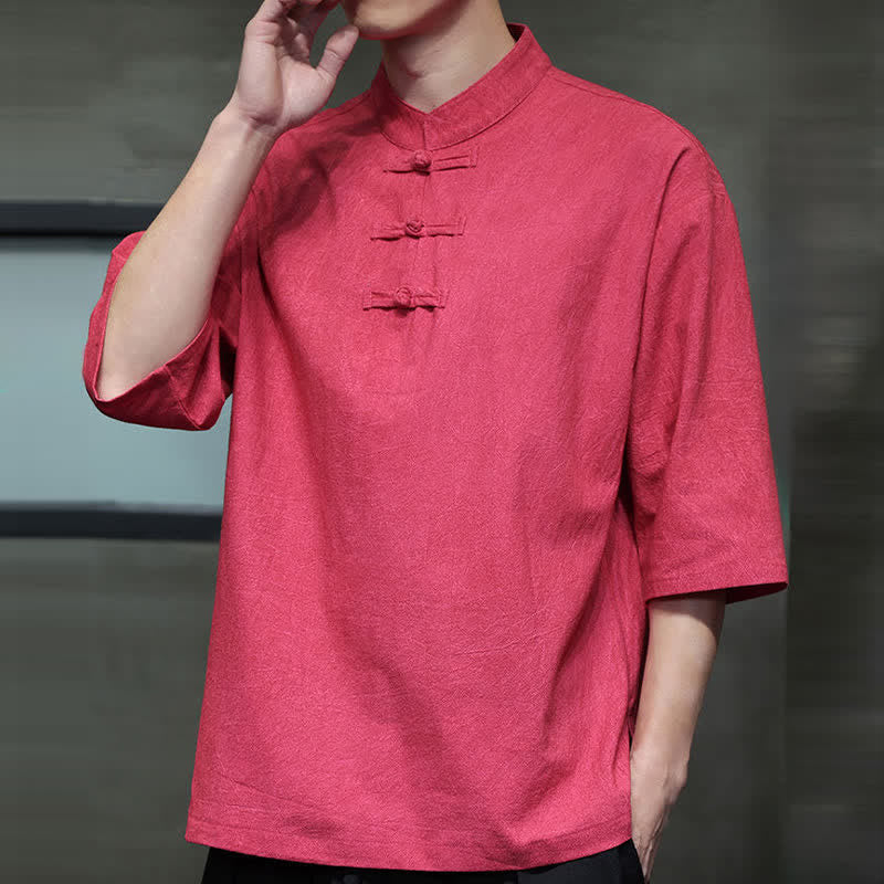 Nimara Ritual Summer Tang Style Three Frog Buttons Solid Men's Short Sleeve Shirts