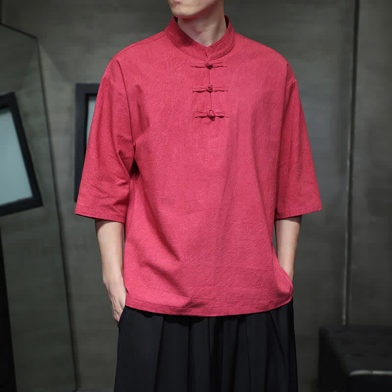 Nimara Ritual Summer Tang Style Three Frog Buttons Solid Men's Short Sleeve Shirts