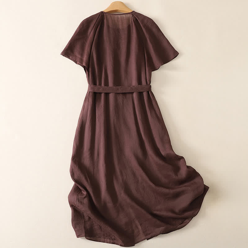 Nimara Ritual Summer Vintage Button-Up Solid Women's Short Sleeve Midi Dress With Pockets