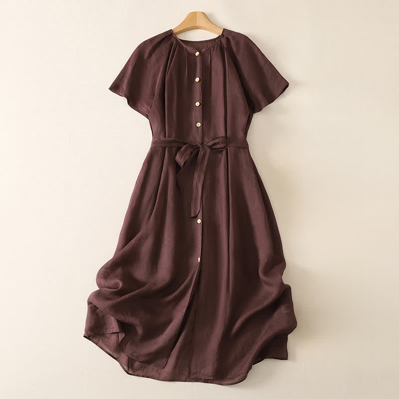 Nimara Ritual Summer Vintage Button-Up Solid Women's Short Sleeve Midi Dress With Pockets