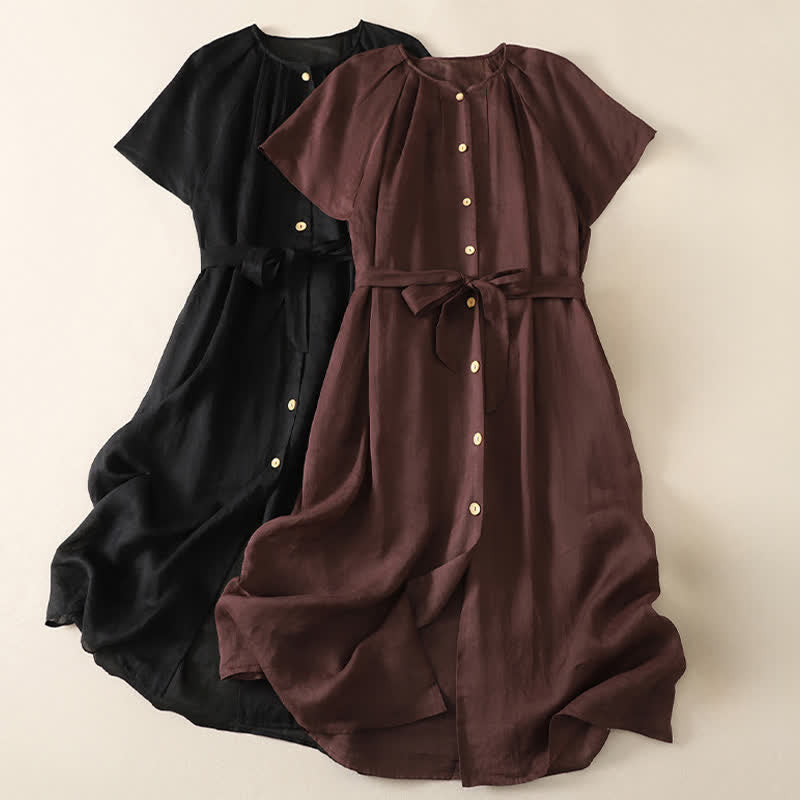 Nimara Ritual Summer Vintage Button-Up Solid Women's Short Sleeve Midi Dress With Pockets