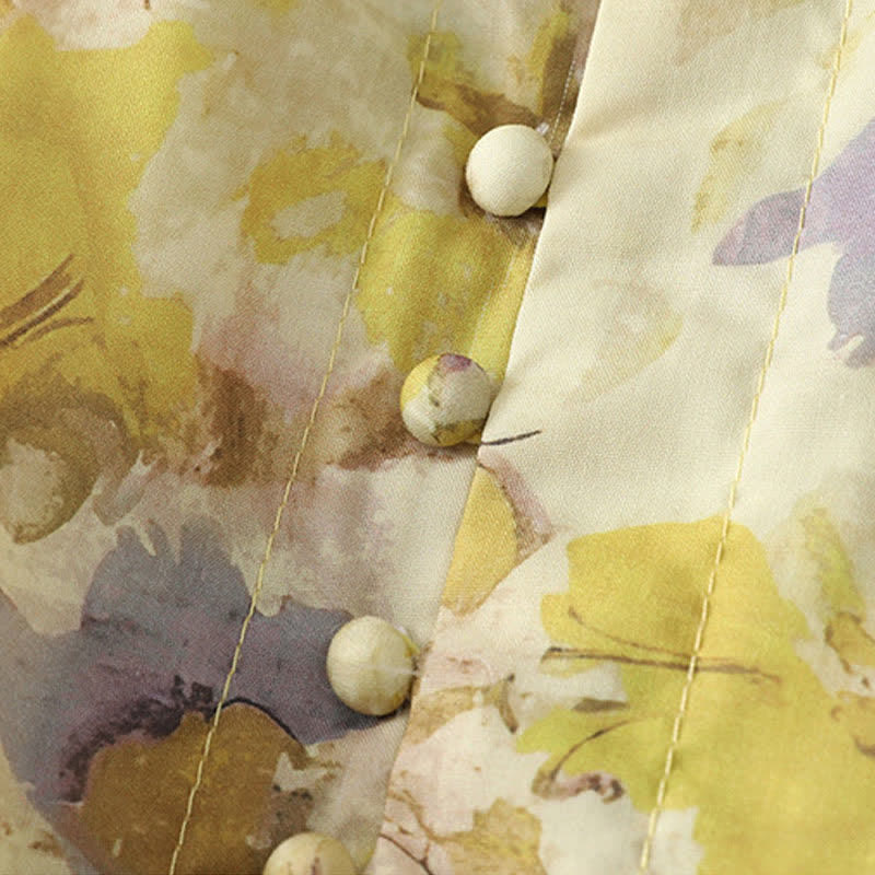 Nimara Ritual Spring Summer Vintage Drawstring Yellow Floral Women's Short Sleeve Midi Dress