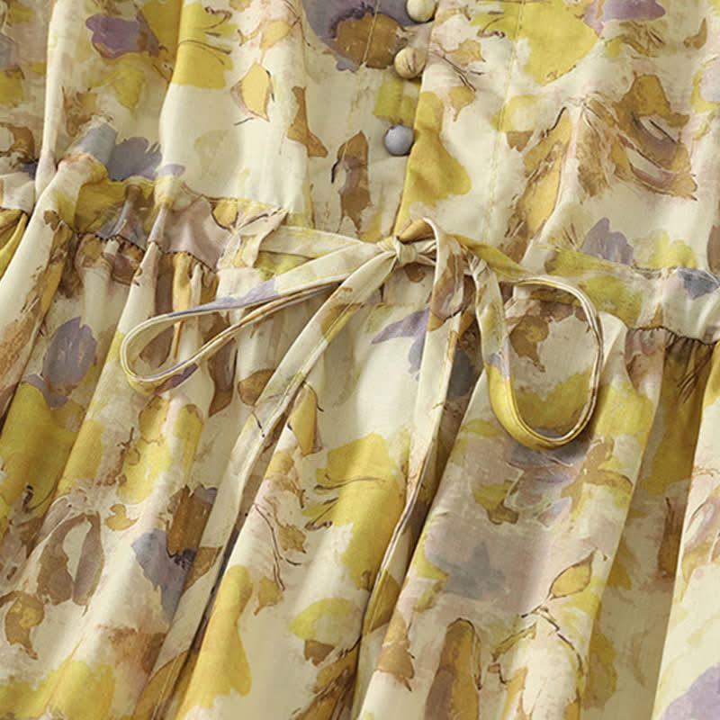 Nimara Ritual Spring Summer Vintage Drawstring Yellow Floral Women's Short Sleeve Midi Dress