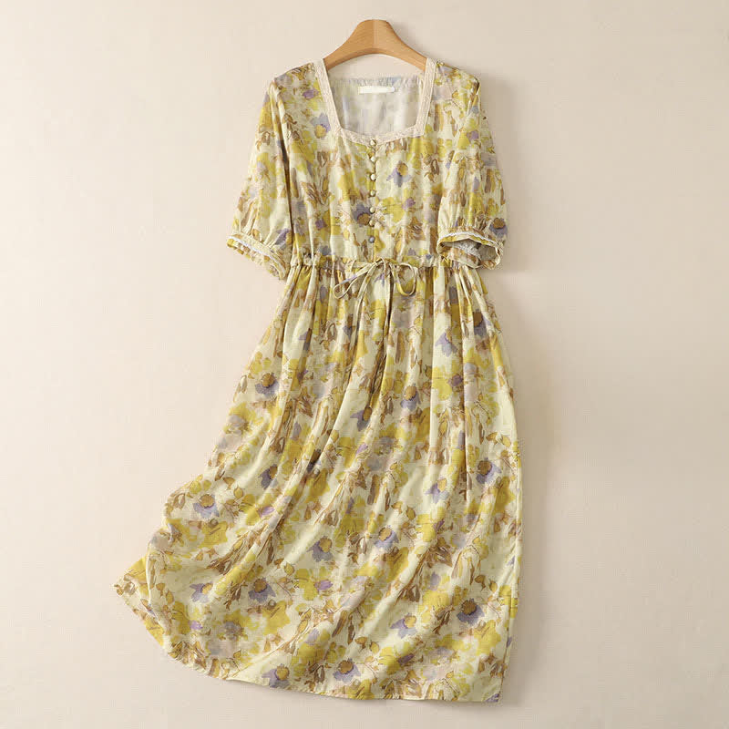 Nimara Ritual Spring Summer Vintage Drawstring Yellow Floral Women's Short Sleeve Midi Dress
