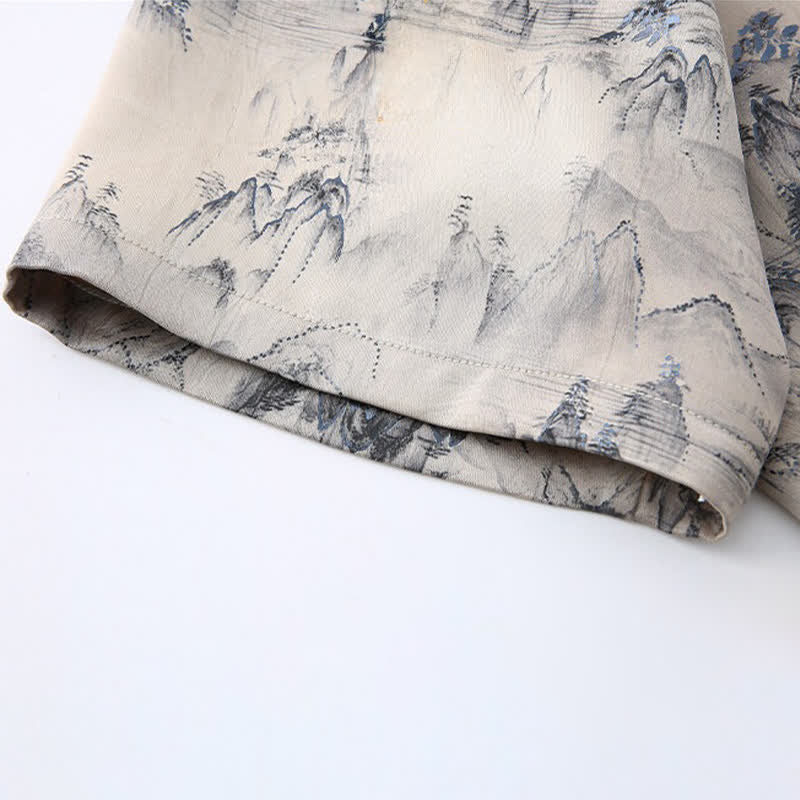Nimara Ritual 2Pcs Summer Tang Style Casual Ink Painting Mountains Landscape Short Sleeve Shirt Straight Leg Pants Men's Meditation Cloth With Pockets