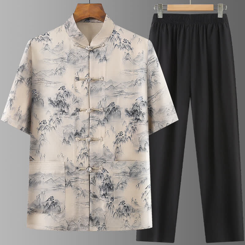 Nimara Ritual 2Pcs Summer Tang Style Casual Ink Painting Mountains Landscape Short Sleeve Shirt Straight Leg Pants Men's Meditation Cloth With Pockets