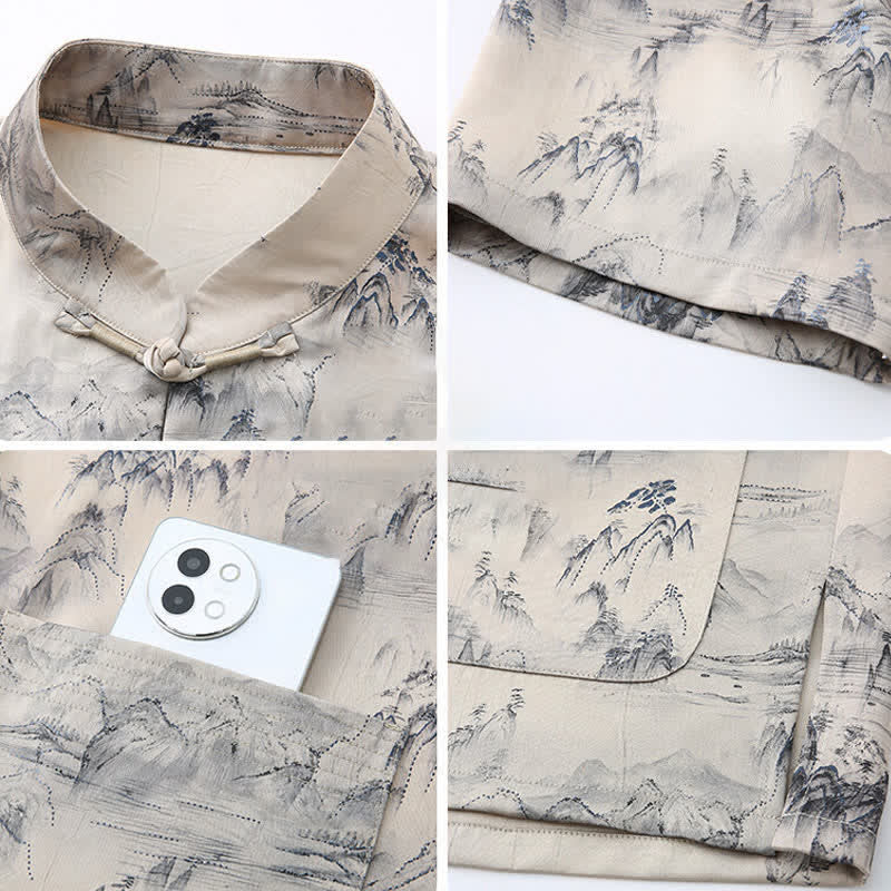 Nimara Ritual 2Pcs Summer Tang Style Casual Ink Painting Mountains Landscape Short Sleeve Shirt Straight Leg Pants Men's Meditation Cloth With Pockets