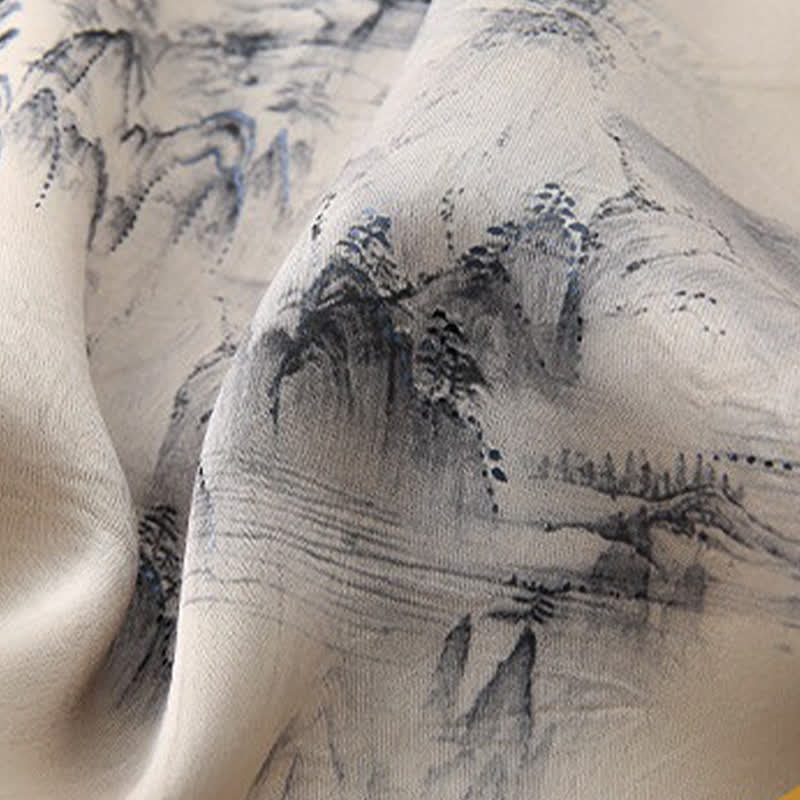Nimara Ritual 2Pcs Summer Tang Style Casual Ink Painting Mountains Landscape Short Sleeve Shirt Straight Leg Pants Men's Meditation Cloth With Pockets