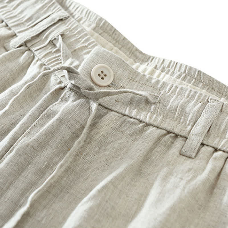 Nimara Ritual Summer Casual Minimalist Drawstring Zipper Design Solid Linen Men's Shorts With Pockets