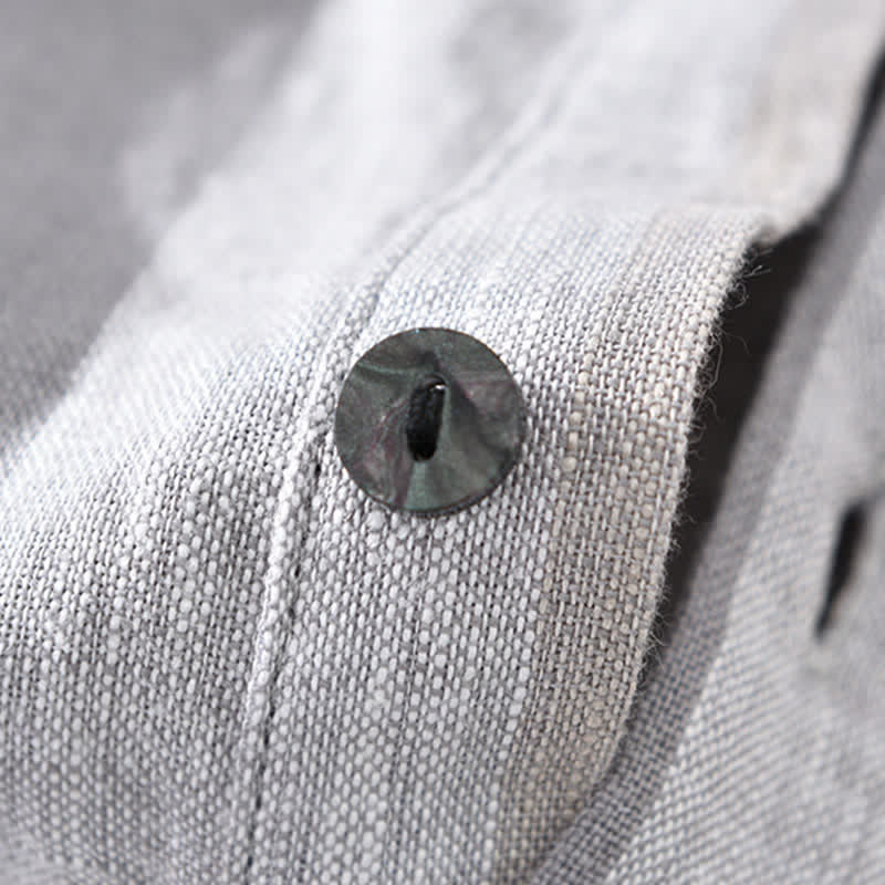 Nimara Ritual Summer Vintage Mandarin Collar Button Up Striped Linen Men's Shirts With Patch Pocket