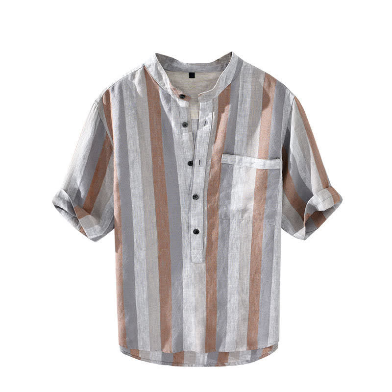 Nimara Ritual Summer Vintage Mandarin Collar Button Up Striped Linen Men's Shirts With Patch Pocket