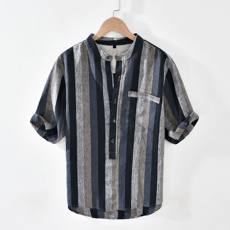 Nimara Ritual Summer Vintage Mandarin Collar Button Up Striped Linen Men's Shirts With Patch Pocket