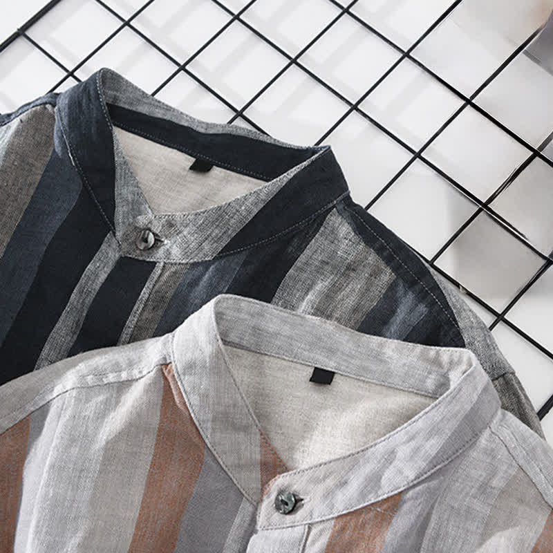 Nimara Ritual Summer Vintage Mandarin Collar Button Up Striped Linen Men's Shirts With Patch Pocket