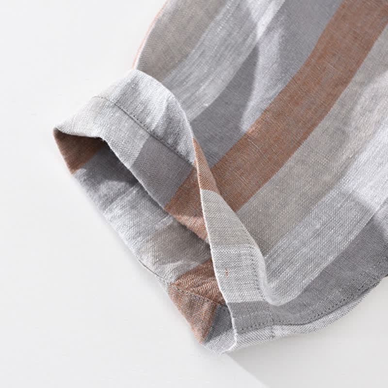 Nimara Ritual Summer Vintage Mandarin Collar Button Up Striped Linen Men's Shirts With Patch Pocket