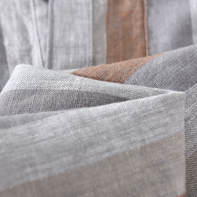 Nimara Ritual Summer Vintage Mandarin Collar Button Up Striped Linen Men's Shirts With Patch Pocket