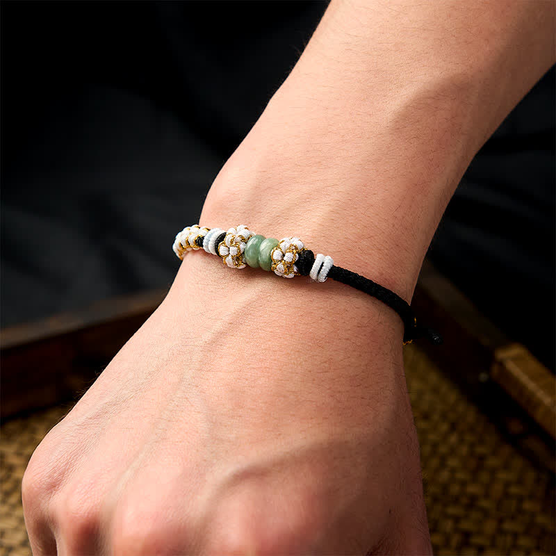 Nimara Ritual Handmade Braided Chinese Knotting Peach Blossoms Jade Luck Adjustable Bracelet