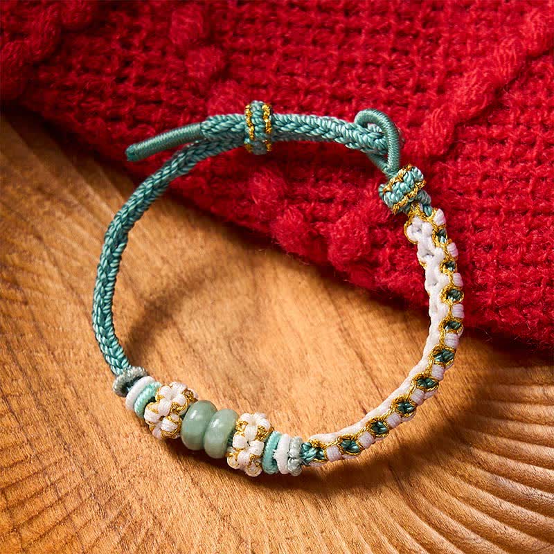 Nimara Ritual Handmade Braided Chinese Knotting Peach Blossoms Jade Luck Adjustable Bracelet