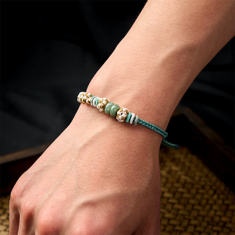 Nimara Ritual Handmade Braided Chinese Knotting Peach Blossoms Jade Luck Adjustable Bracelet