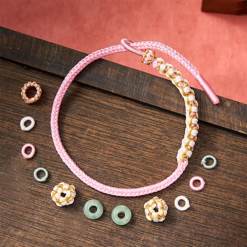 Nimara Ritual Handmade Braided Chinese Knotting Peach Blossoms Jade Luck Adjustable Bracelet