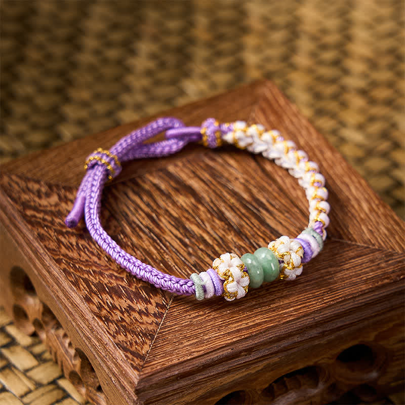 Nimara Ritual Handmade Braided Chinese Knotting Peach Blossoms Jade Luck Adjustable Bracelet