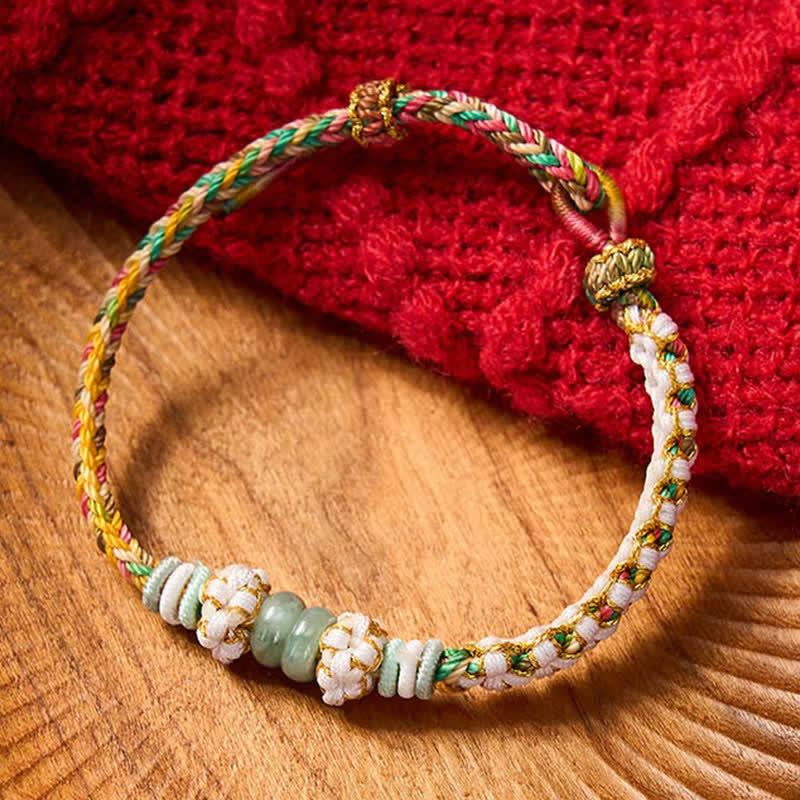 Nimara Ritual Handmade Braided Chinese Knotting Peach Blossoms Jade Luck Adjustable Bracelet
