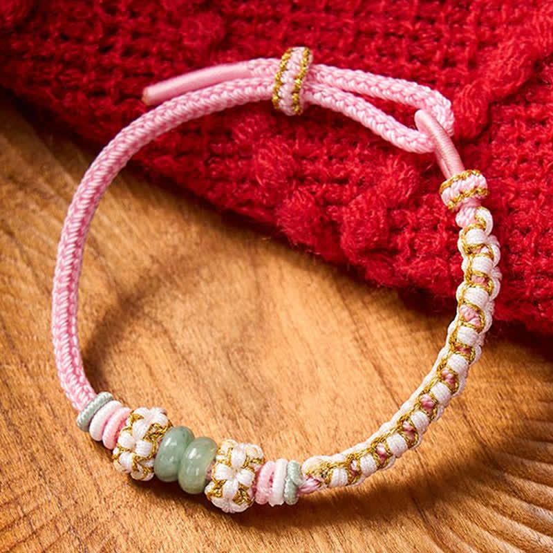 Nimara Ritual Handmade Braided Chinese Knotting Peach Blossoms Jade Luck Adjustable Bracelet