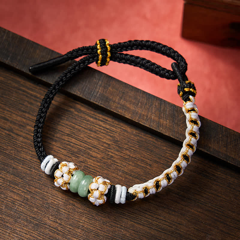 Nimara Ritual Handmade Braided Chinese Knotting Peach Blossoms Jade Luck Adjustable Bracelet