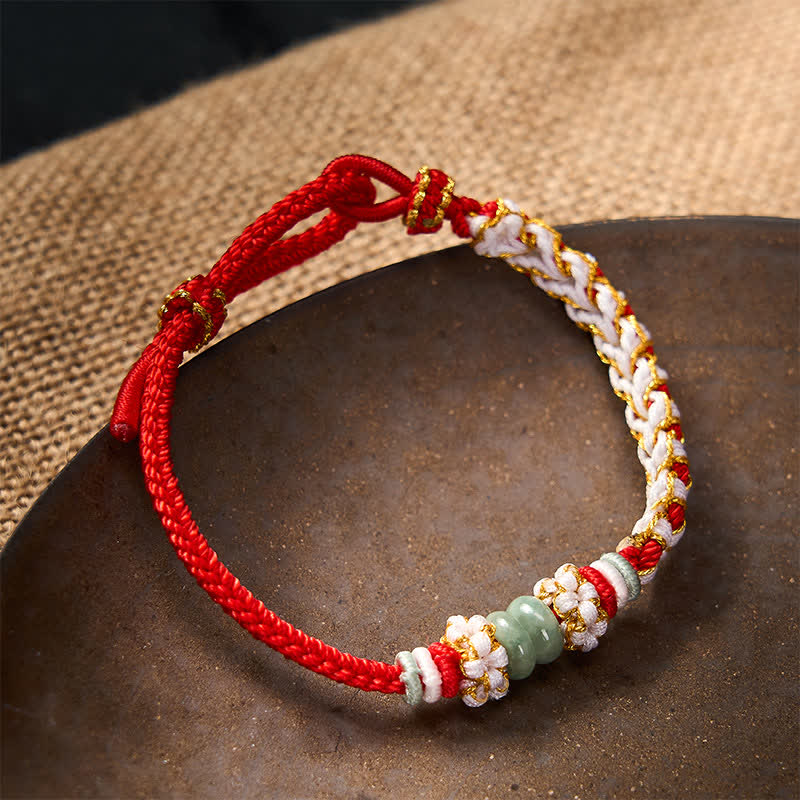 Nimara Ritual Handmade Braided Chinese Knotting Peach Blossoms Jade Luck Adjustable Bracelet