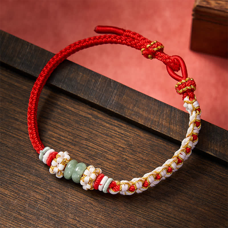Nimara Ritual Handmade Braided Chinese Knotting Peach Blossoms Jade Luck Adjustable Bracelet