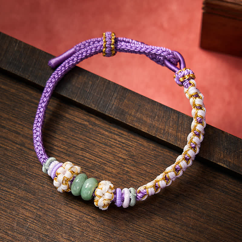 Nimara Ritual Handmade Braided Chinese Knotting Peach Blossoms Jade Luck Adjustable Bracelet