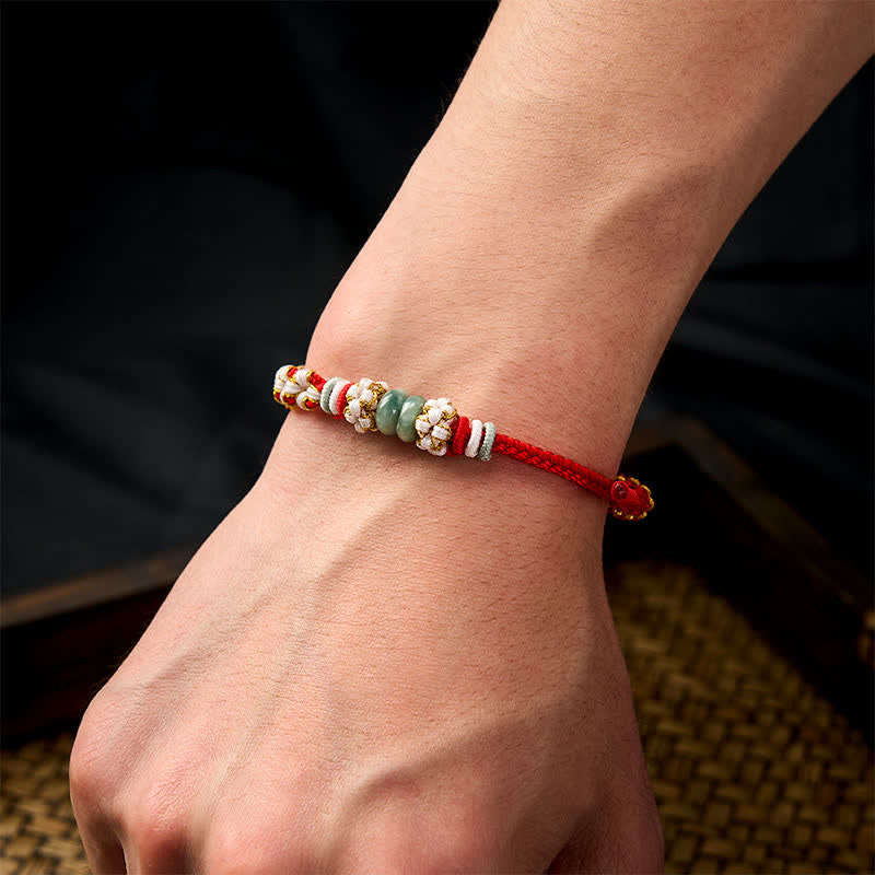 Nimara Ritual Handmade Braided Chinese Knotting Peach Blossoms Jade Luck Adjustable Bracelet