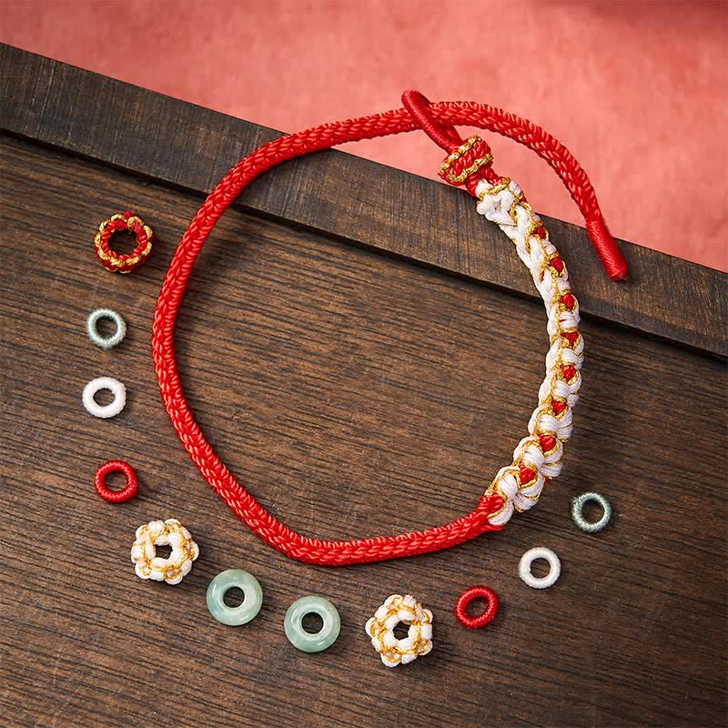 Nimara Ritual Handmade Braided Chinese Knotting Peach Blossoms Jade Luck Adjustable Bracelet